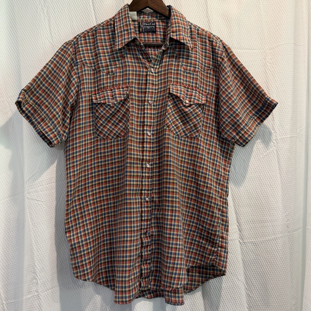 Vtg DEE CEE Shirt 16.5 Short Sleeve Plaid Pearl Snap Western Cowboy Brush Popper